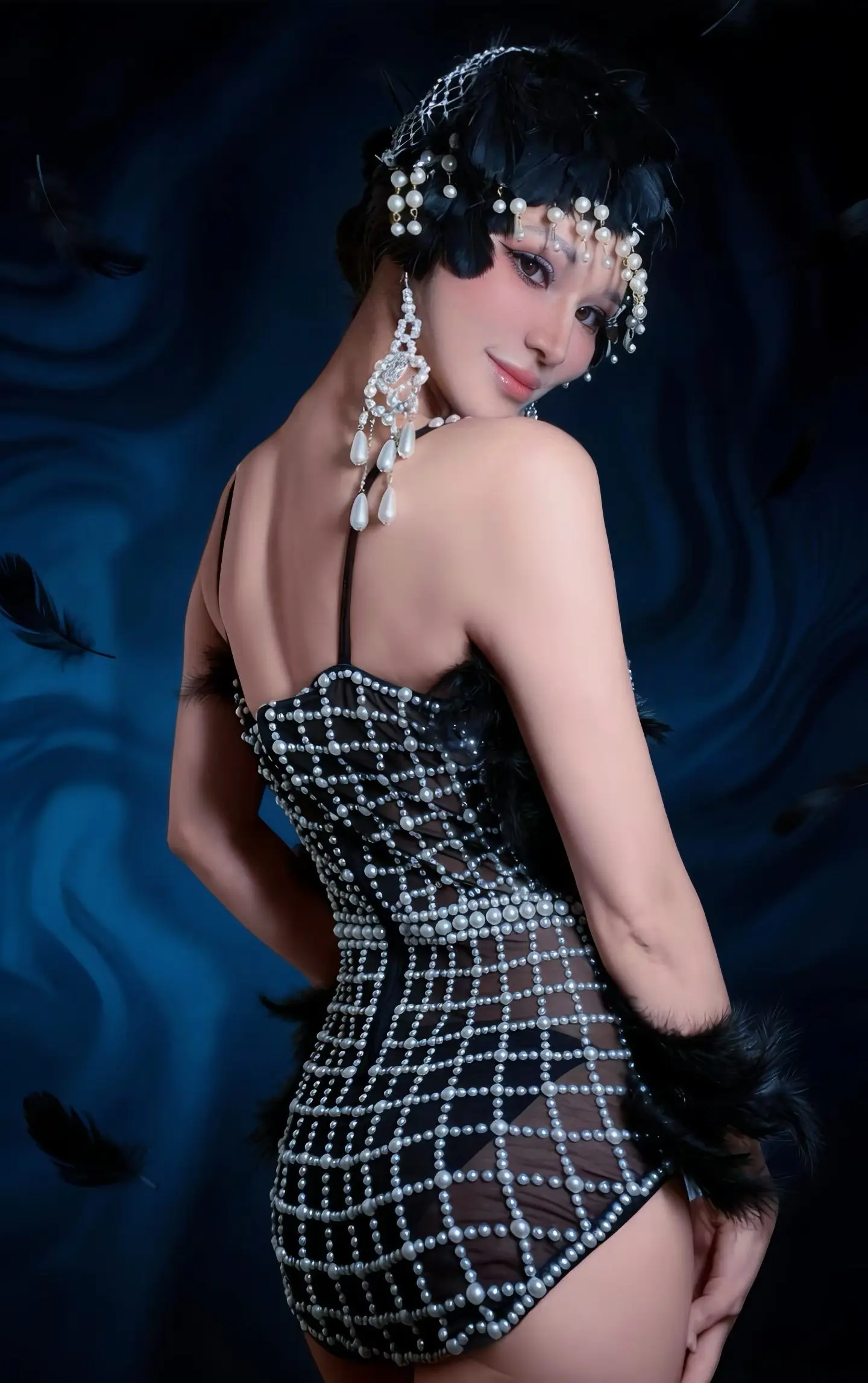 Sexy Black Pearl Sparkly Rhinestone Feather Spaghetti Strap Bodysuit Women Dance Event Party Club Stage Performance Wear Junjun