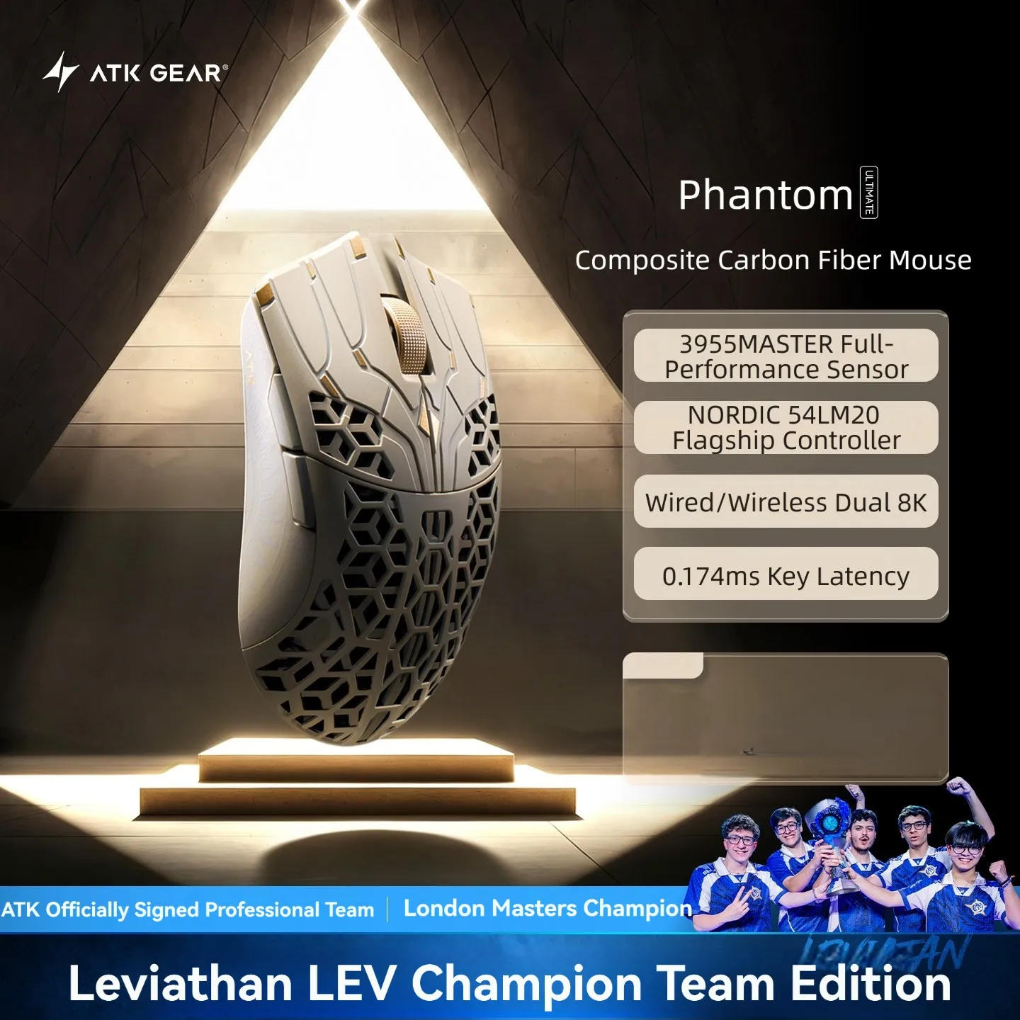 New ATK Phantom Ultimate Wireless Gaming Mouse Carbon Fiber Hollow PAW3955 Master Lightweight Esports Small Medium Hands PC Gift