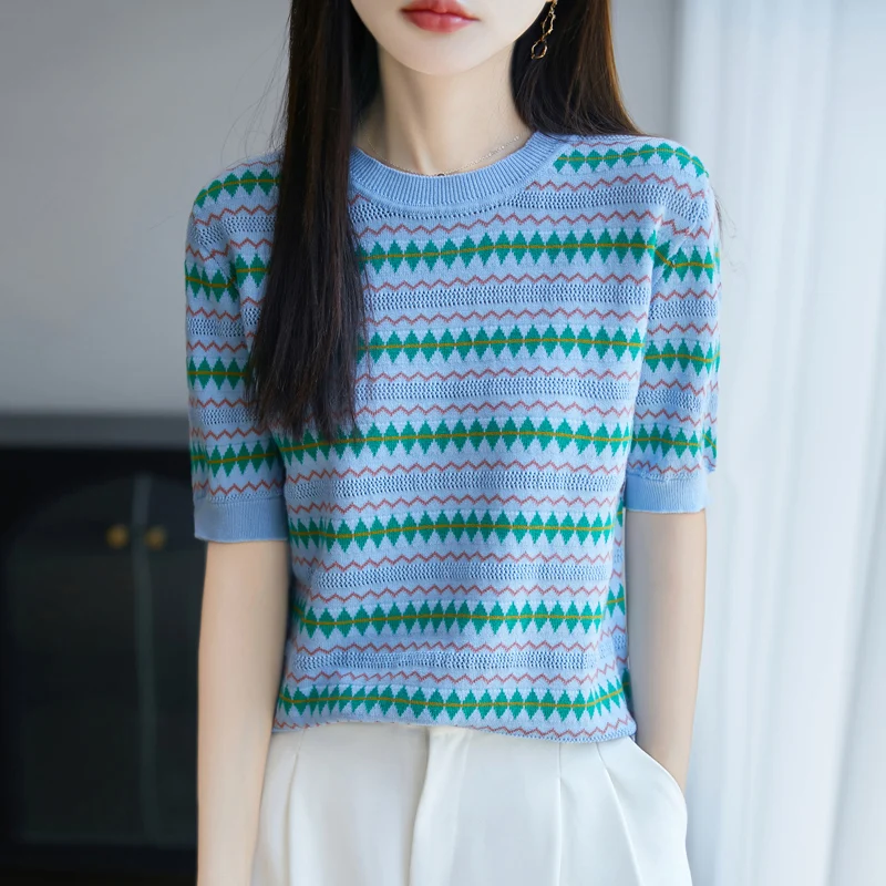 

Women's T-shirt summer new 100% pure cotton sweater short sleeved casual O-neck color blocked pullover fashionable jacquard top