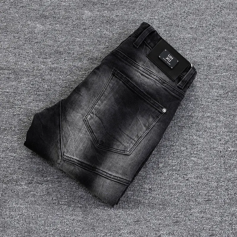 Streetwear Fashion Men Jeans High Quality Retro Black Gray Spliced Designer Biker Jeans Homme Patched Hip Hop Denim Pants Men