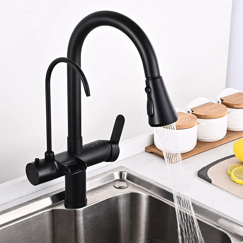 Black Filtered Kitchen Faucet Pull Out Waterfall Kitchen Mixer Sink Taps Purification Water Drinking Water Taps