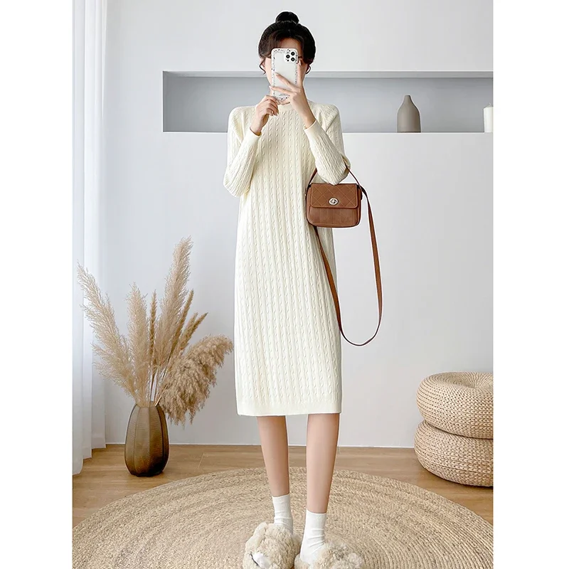 

Simple Elegant Knitted Office Ladies Dress 4 Colors Autumn Winter Women Long Sleeves Sweater Dresses Vacation Elasticated Dress