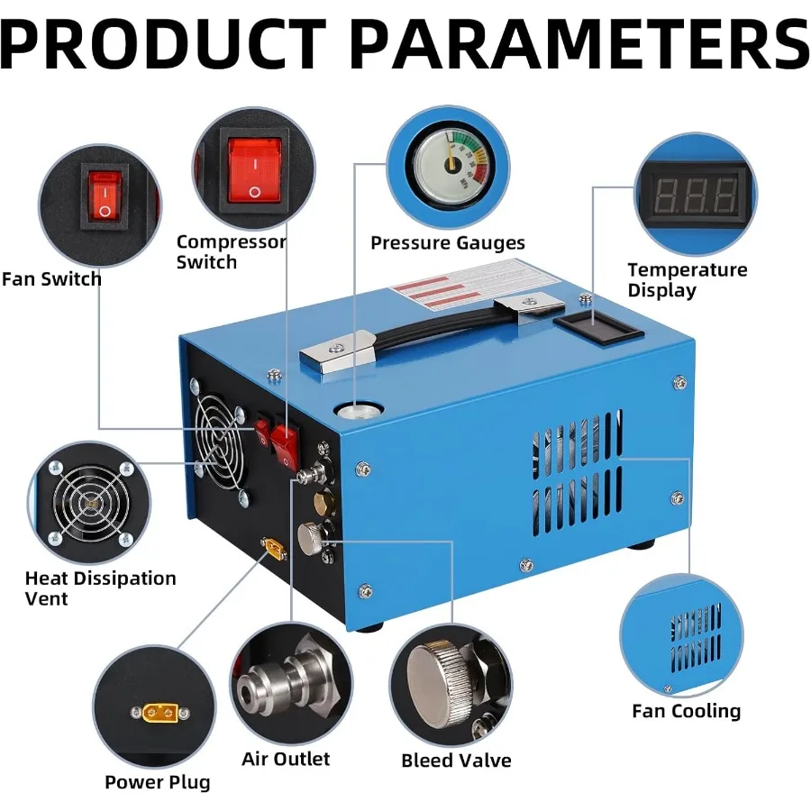 ضاغط هواء عالي الضغط 4500 رطل لكل بوصة مربعة 30 ميجا باسكال PCP مع مروحة مدمجة لبنادق كرات الطلاء ونادق PCP وأسطوانات غوص صغيرة مزدوجة فولت