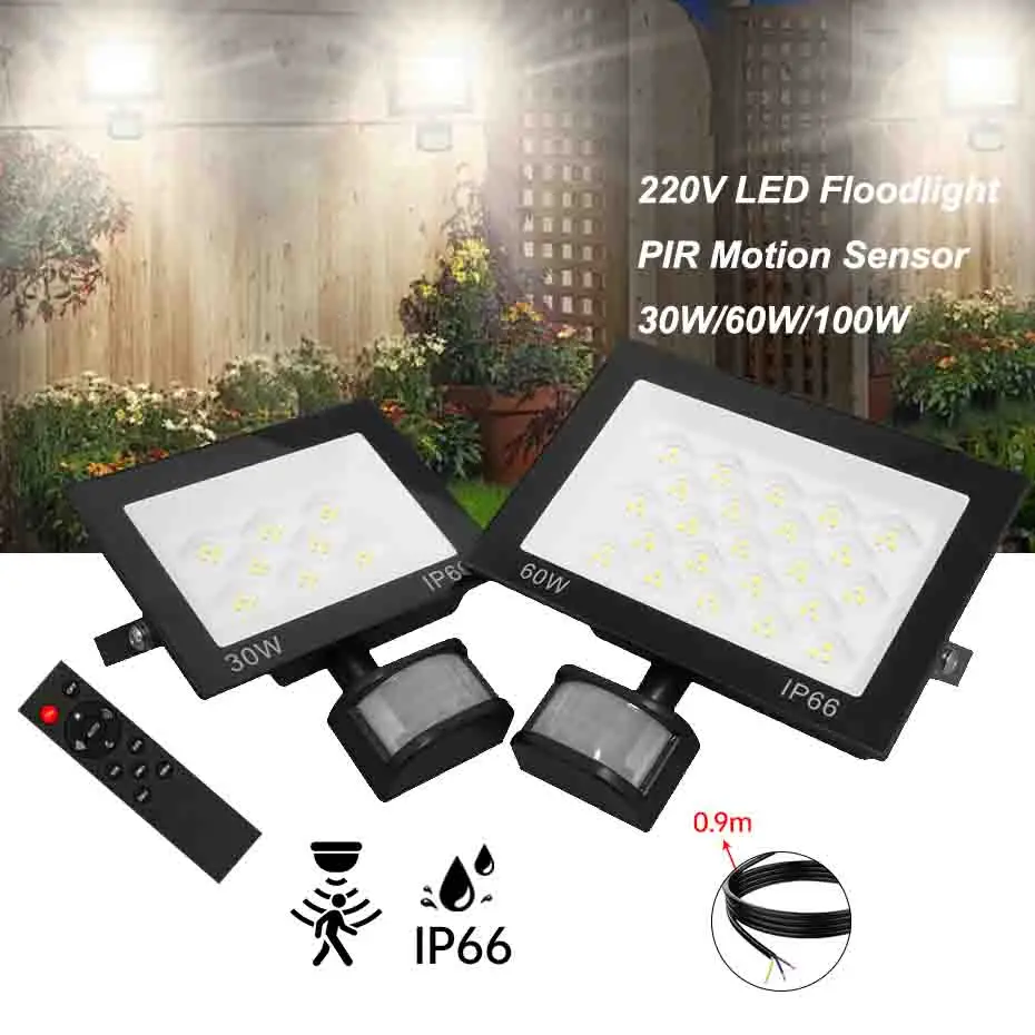 

AC220V PIR Motion Sensor LED Floodlight 30W 60W 100W IP66 Waterproof for Outdoor Corridor Building Wall Lighting 6500K