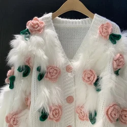 New autumn and winter all-match gentle wear soft waxy sweater embroidered three-dimensional rose knitted cardigan top for women