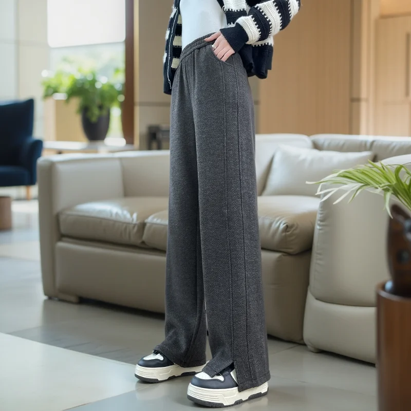 سراويل نسائية متعرجة مقاس كبير لخريف/شتاء نمط جديد سبليت وقطيفة سميكة مستقيمة الساق سراويل غير رسمية متعددة الاستخدامات