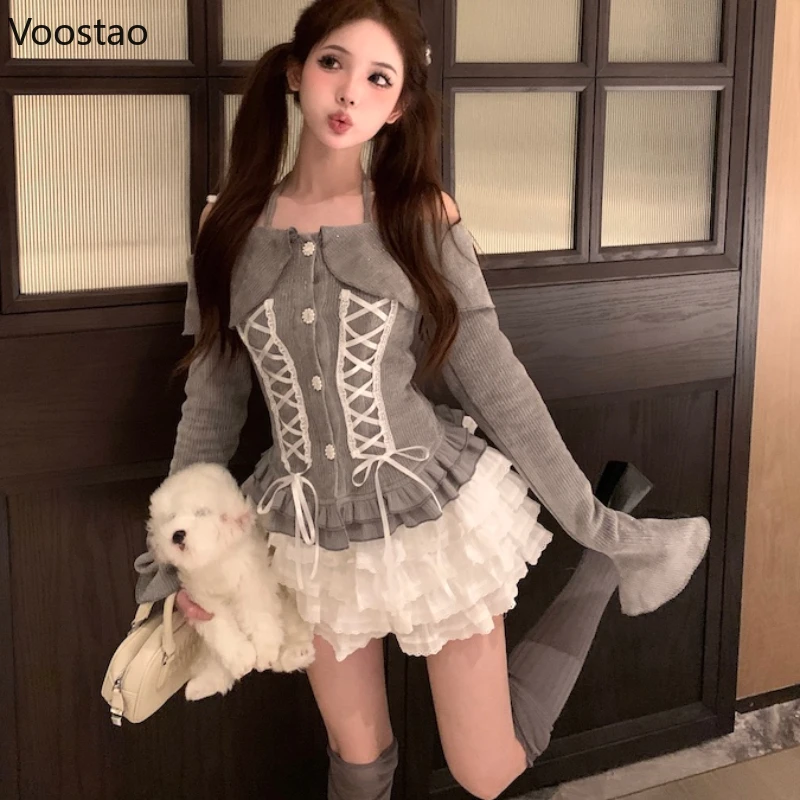 Sweet Lolita Style Skirt 2 Piece Set Women Casual Y2k Crop Tops Knitted Sweater Mini Cake Skirt Vintage Clothing Japanese Suits