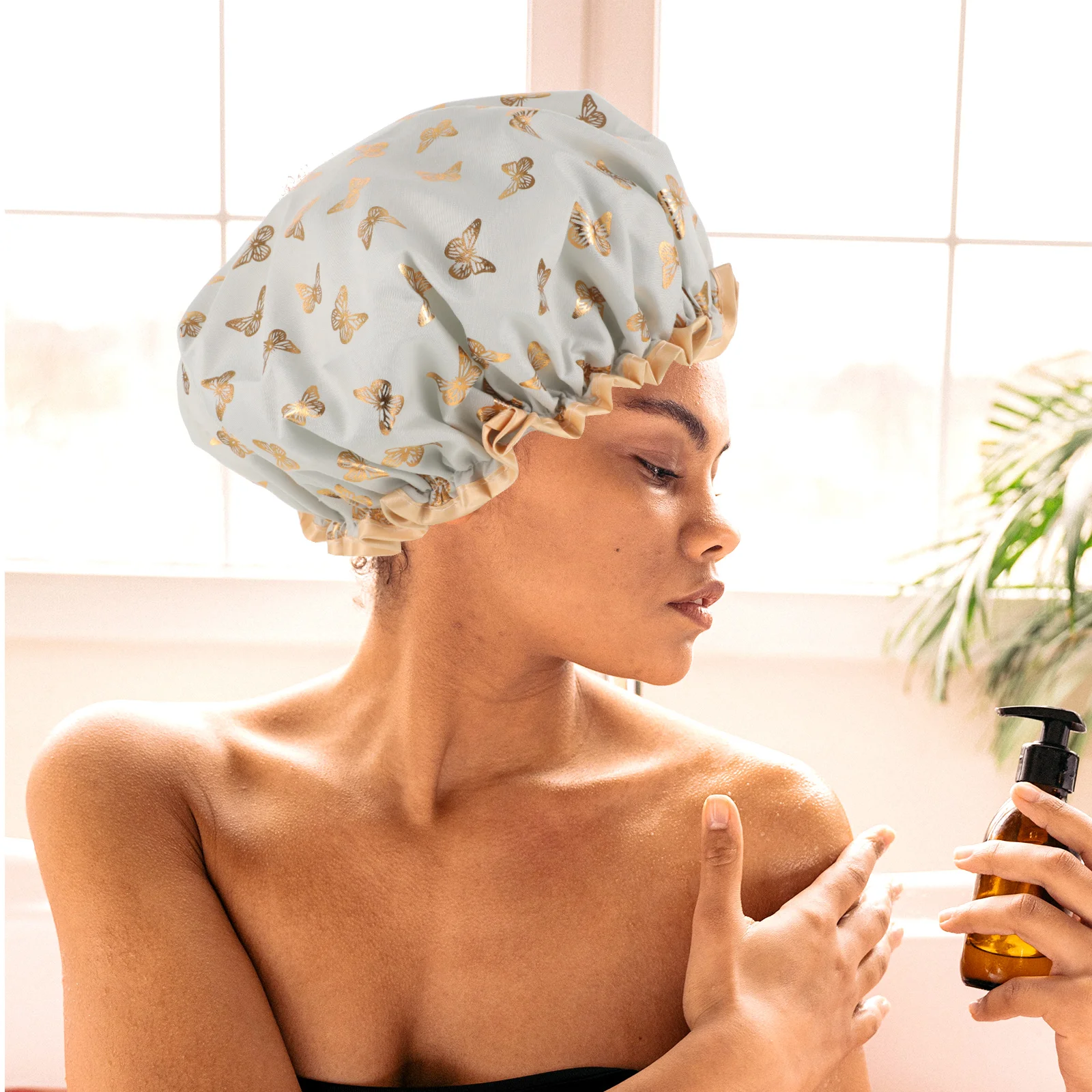 

Double Layer Waterproof Shower Cap Women Extra Large Stylish Elastic Hair Cap for Bathing Long Hair Bathing Hat