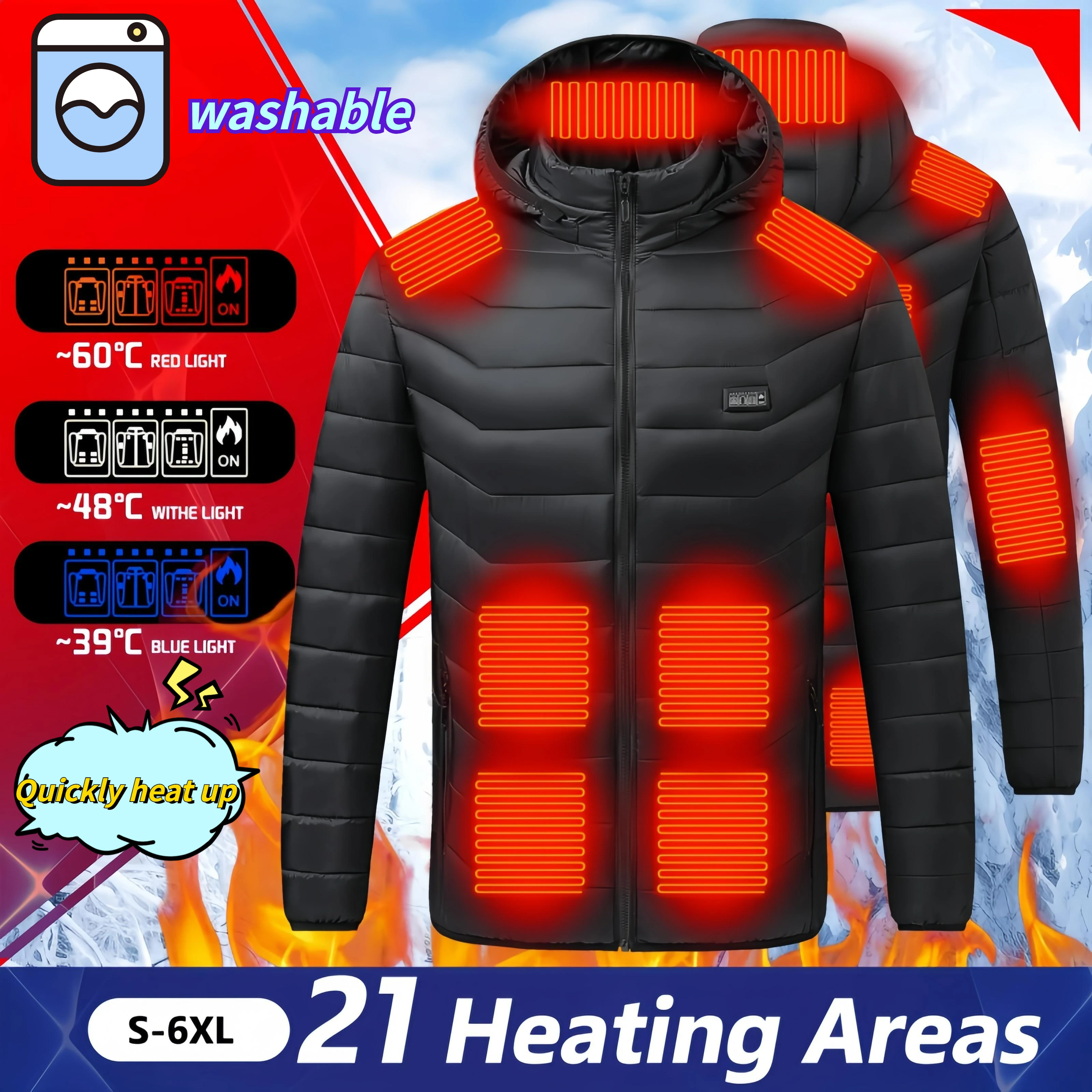 

21 Areas Heated Jacket Men's Usb Waterproof Heated Cotton Coat Male Winter Warm Hooded Parker Coat Heated Vest Snow Clothes 6XL