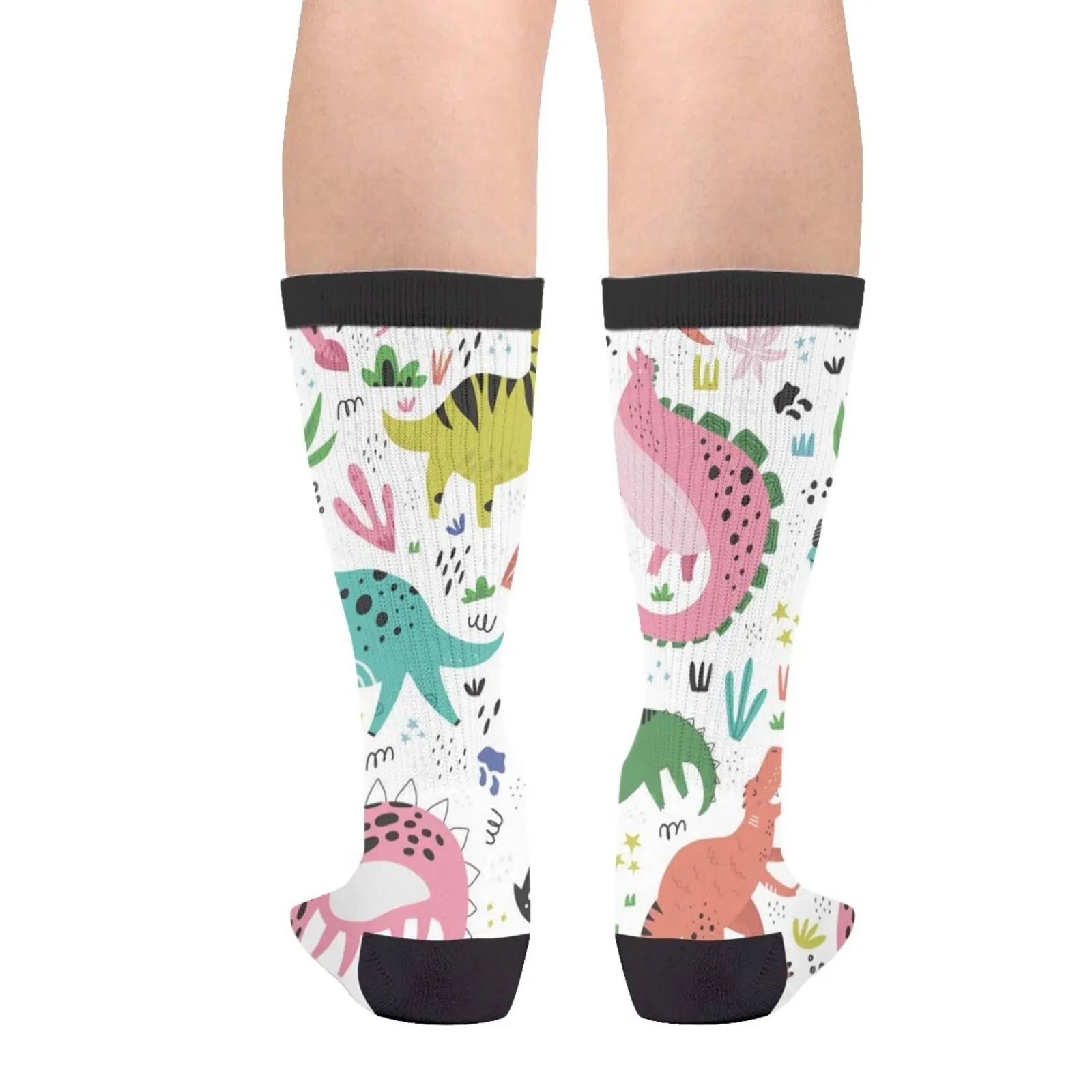 Cute Pink White Dino Dinosaurs Casual Funny Funky Novelty Socks For Men Women Teens