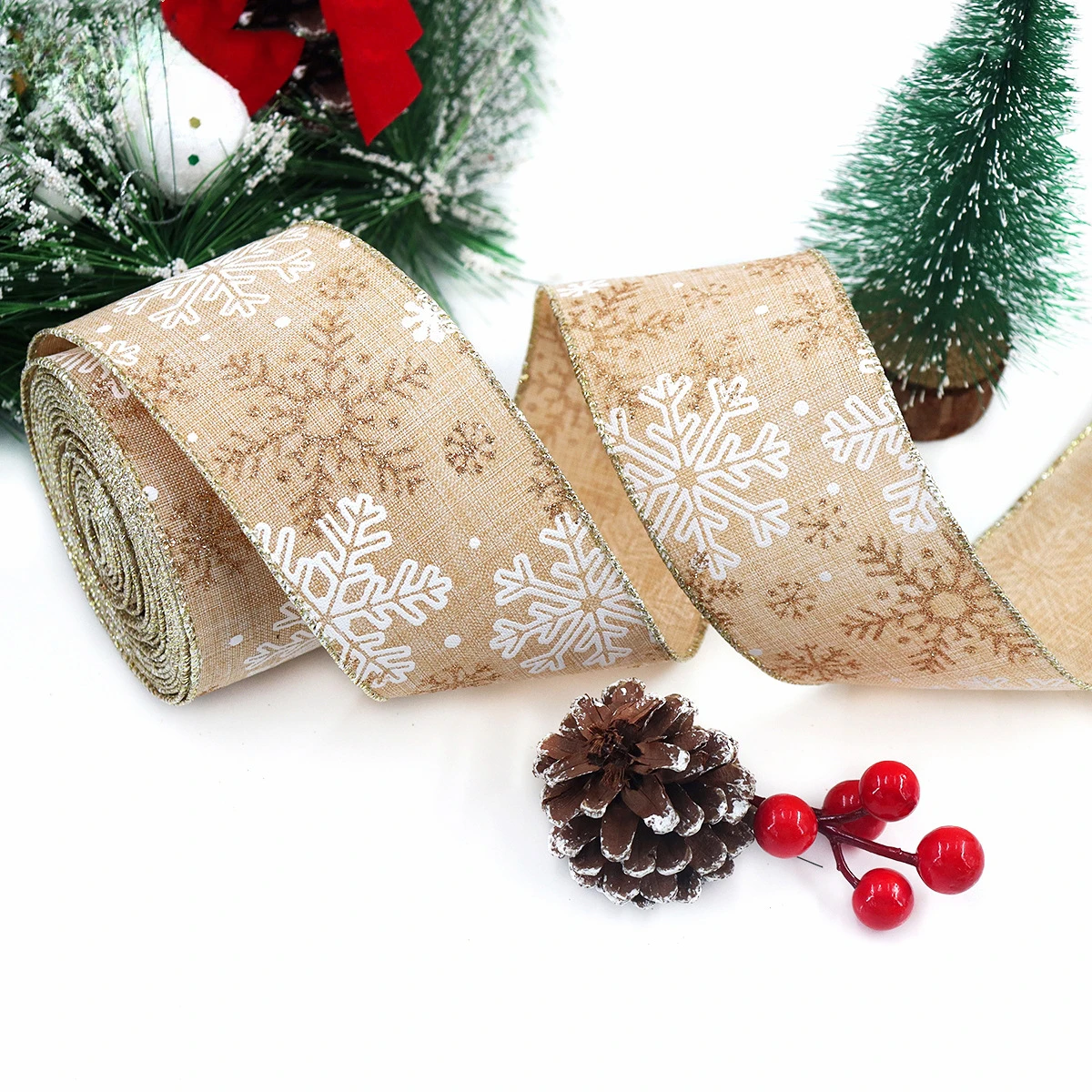 5-Yard Polyester Golden Snowflake Wired Ribbon - Christmas Tree Bows, Wreath & Gift Packaging Decor