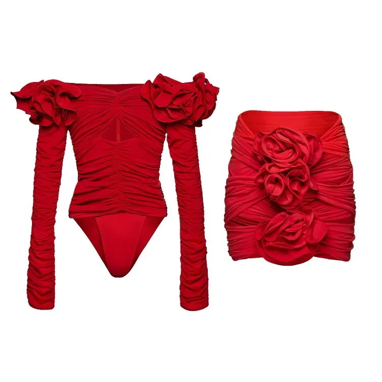 2023 New Fashion  Red Off Shoulder 3D Flower Long Sleeve One Piece Swimsuit and Skirt Summer Swimwear Women Beachwear Bathing Su