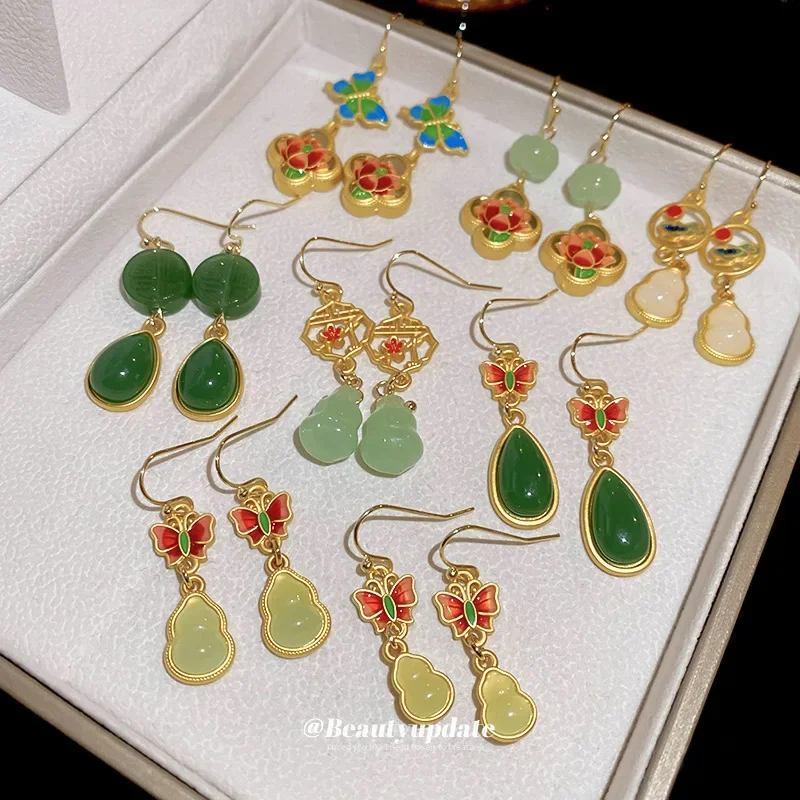 New Chinese Style Drop Oil Glaze Butterfly Ear Hook Earrings Ancient Style Country Tide Gourd Lotus Earrings Earrings Series