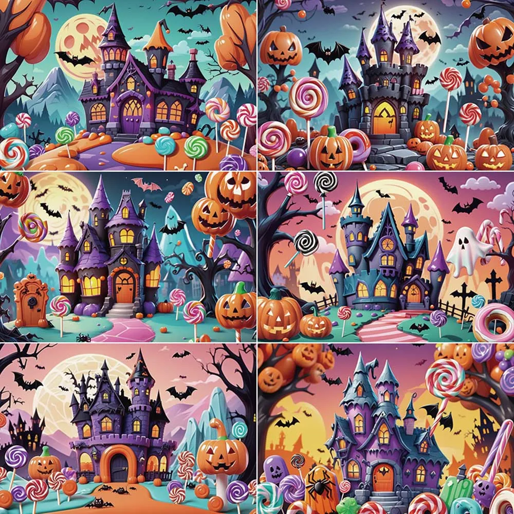 MOON.QG Candyland Castle Halloween Photography Backdrops Children Pumpkin Latern Night Photozone Backgrounds Photo Studio Props