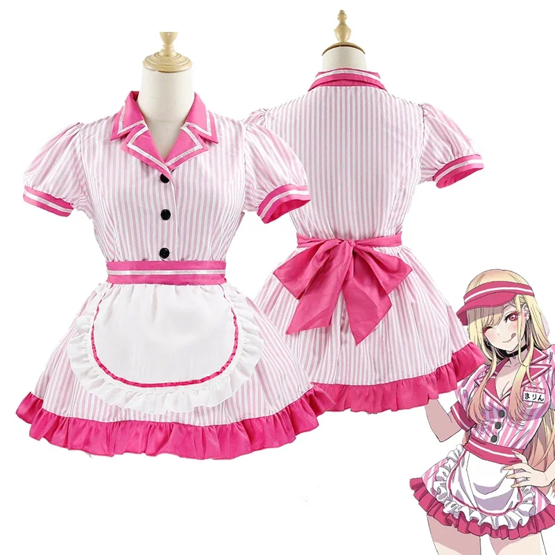 Anime Marin Kitagawa Costume Cosplay Cute Lolita Girls Pink Striped Maid Uniform Dress Halloween Suit