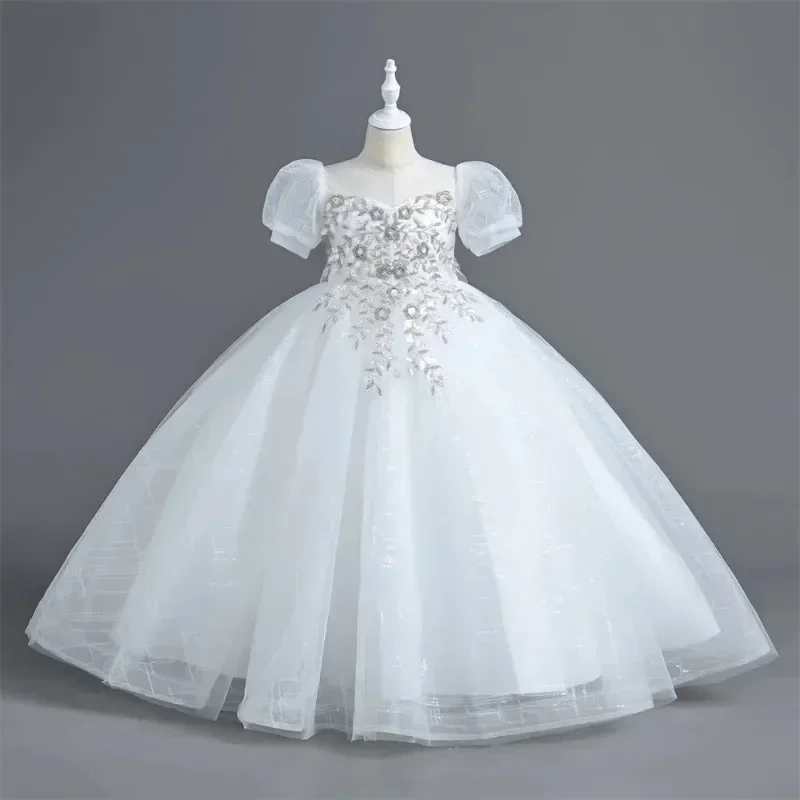 High End Children's Dress New Piano Performance Dress Long Princess Dress Mesh Sequin Girl Temperament Light Luxury