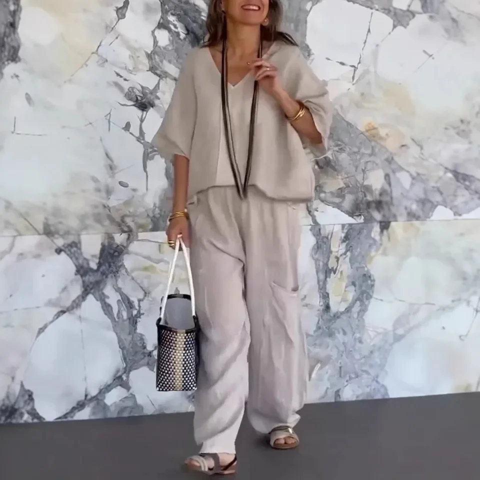 Set Pakaian Wanita Musim Semi Panas 2025, Warna Solid Katun Linen, Atasan Lengan Kelelawar Kerah V, Celana Kaki Lebar, Kasual Longgar, Set 2 Potong