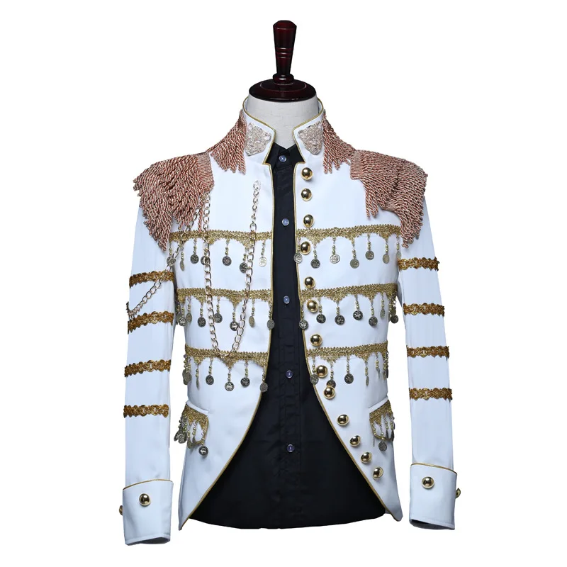 Mens Punk Military Drummer Parade Jacket Fashion Tassel Design Stand Collar Blazer Jacket Men Club Party Costume Homme White