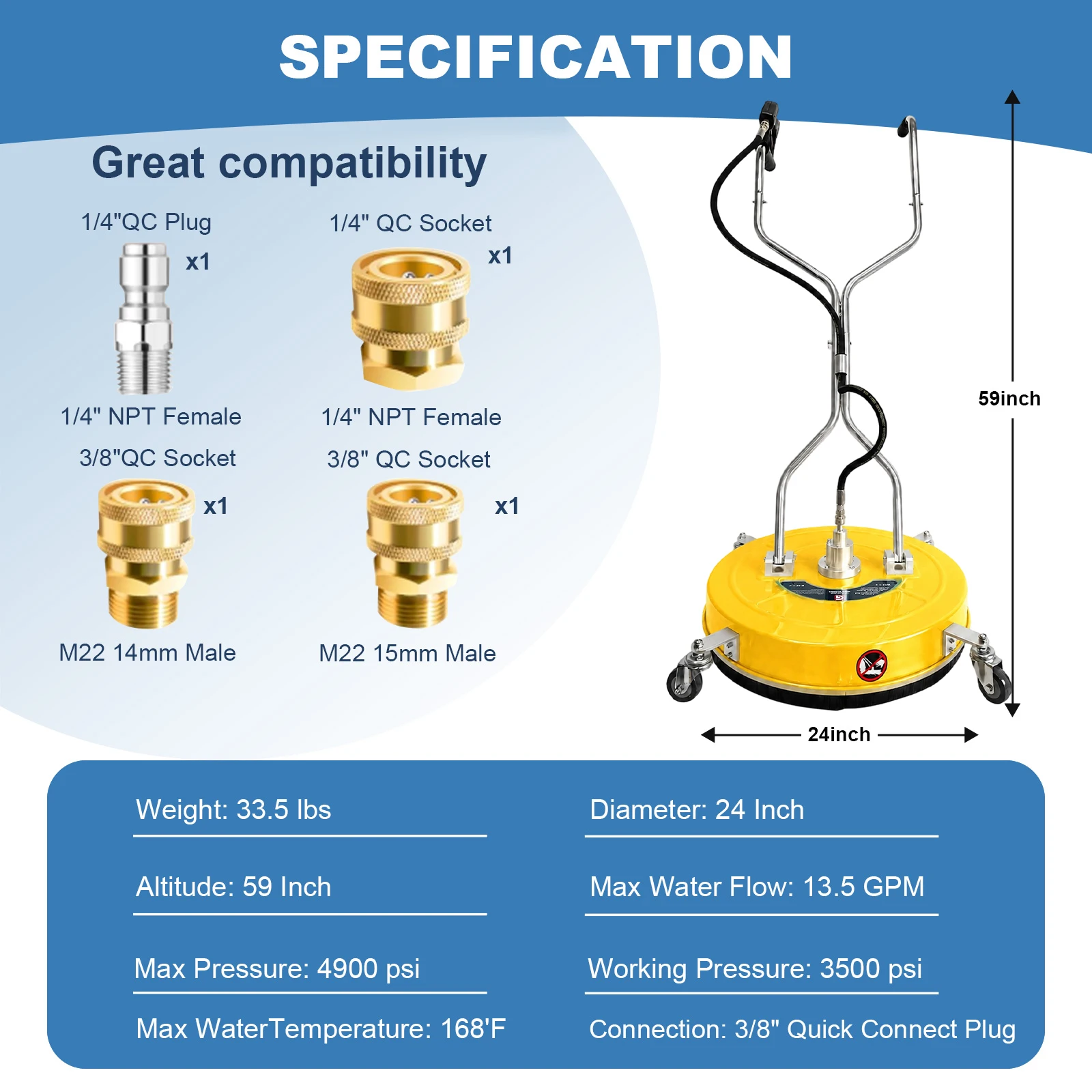 24 in Pressure Washer Surface Cleaner with 4 Wheels, 4900PSI Surface Cleaner Attachment, Stainless Steel Dual Handle Surface Cleaner for Concrete Driveway Sidewalk Deck Patio