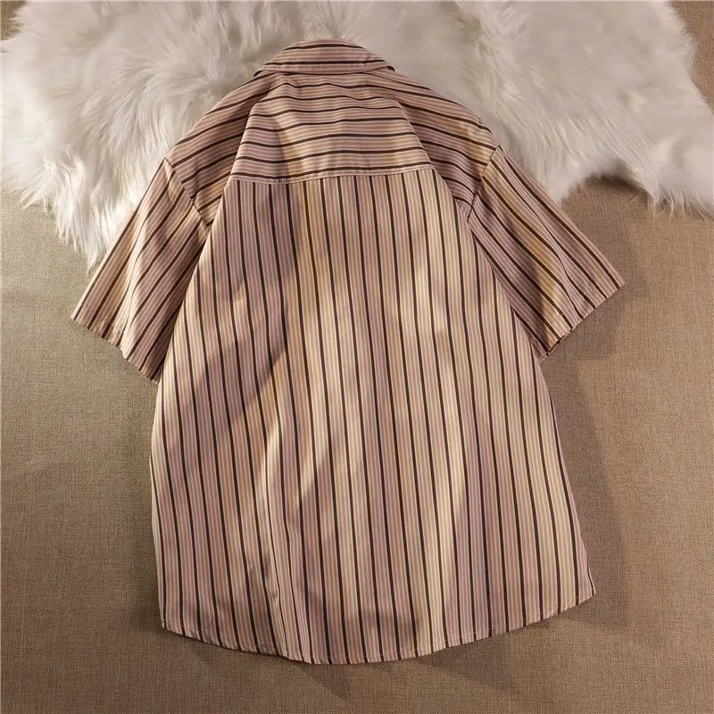 Vintage Love Fashion Embroidery Striped Spliced Loose Summer Polo-Neck Short Sleeve Top Female Clothing Button-down Thin Shirt