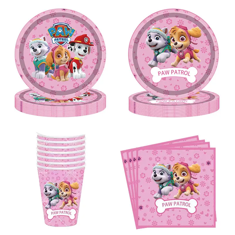 Paw Patrol Birthday Party Decoration Pink Sky Patrol Theme Tableware Set Chase Dog Balloon Party Supplies For Baby Shower Girls