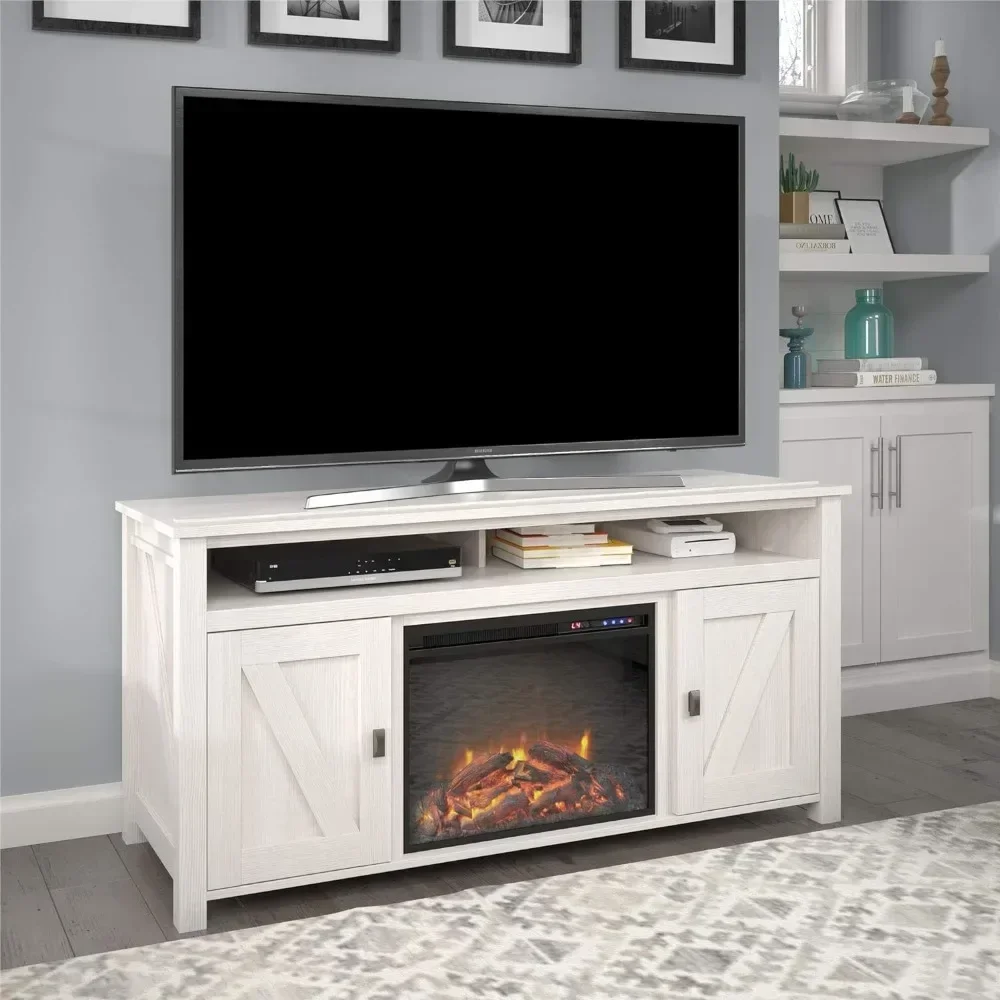 Electric Fireplace TV Console for TVs up to 60", Ivory Pine, Open top Shelf and 2 Side Cabinets with Long-lasting LED Technology