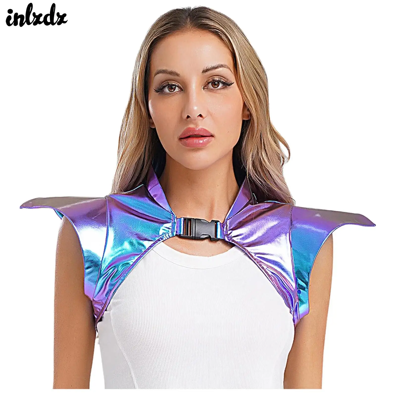 

Women Shiny Metallic Steampunk Gothic Armor Shrug Tops Shoulder Epaulet Collared Pauldron Armour Halloween Performance Costume