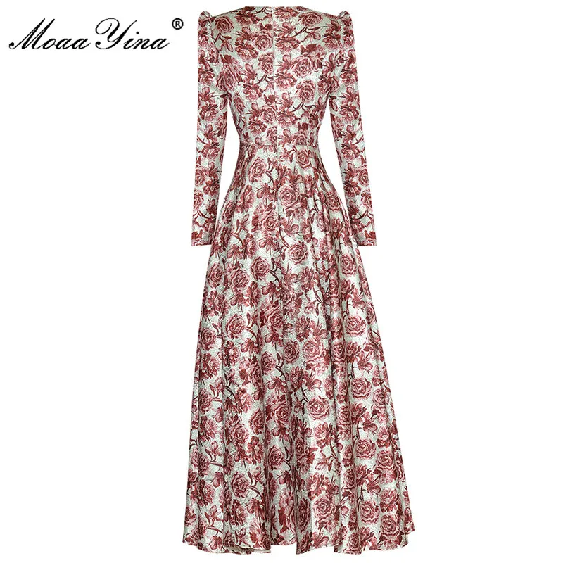 MoaaYina Spring Designer Runway Fashion Dress Women's O-neck Long sleeve Floral Print Vacation Party Vintage Maxi Dresses