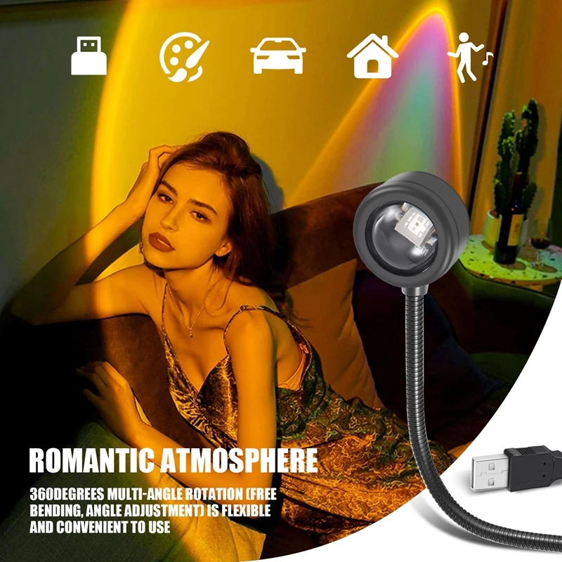 ●LED USB Sunset Lamp Night Light Projector Birthday Party Decoration Portable Mood Light for Bedroom Living ,Sunset-A57M