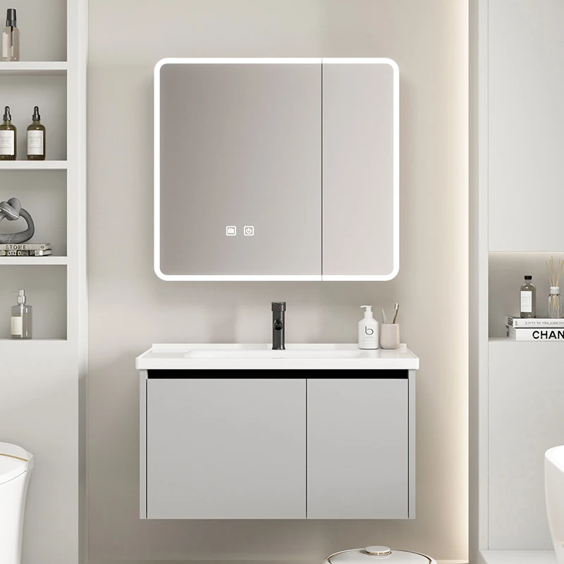 

#@Modern Grey Bathroom Vanity Cabinet with LED Touch Illuminate Mirror Single Sink 60cm Easy Clean for Villa Apartment Use
