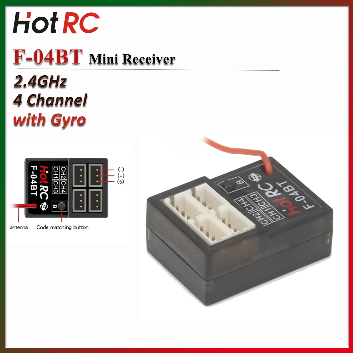 HOTRC F-04BT Mini Receiver 4 Channel 2.4GHz with Gyro for Remote Controller Transmitter RC Car Truck Boat Model Toy Upgrade Part