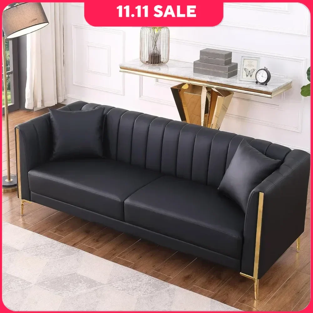 

78'' Sofa, with 2 Throw Pillows and Gold Metal Legs, 3 Seater Deep Seat Sofas, Comfy Faux Leather Sofa