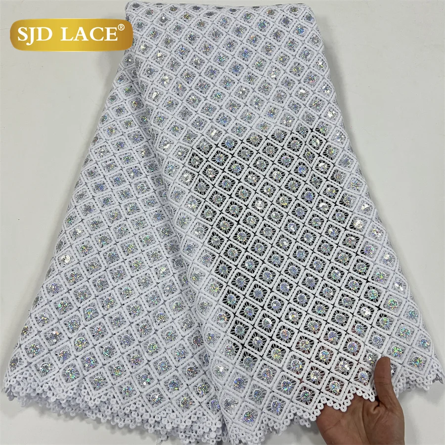 

SJD LACE White Nigerian Sequins Guipure Cord Lace Fabric 2024 Latest African Water Soluble Lace For Women Wedding Dress Sew 4028