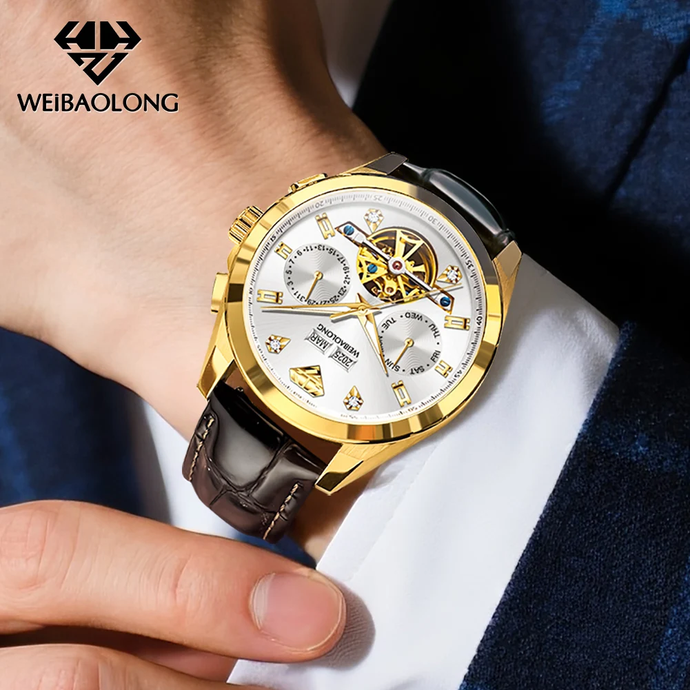 WEIBAOLONG 3806 Automatic Mechanical Men's Watch Multifunctional Flywheel Dial Waterproof Luminous Watch Real Diamond Watches