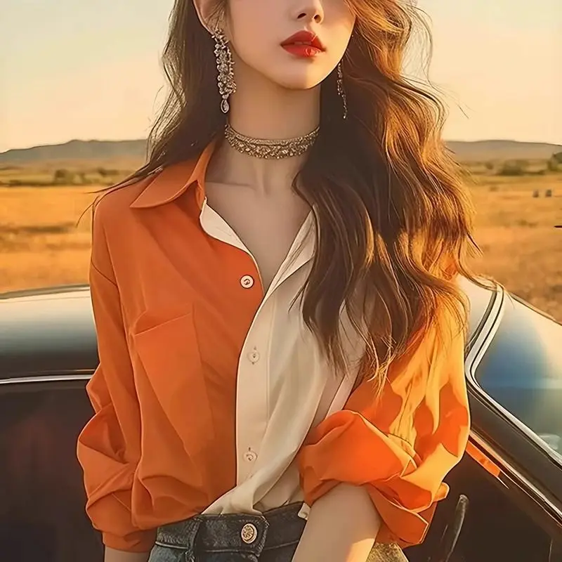 Color Block Long-sleeved Shirt and Shirt for Women 2025 New Early Autumn Retro Fashion Button Splicing Loose Top