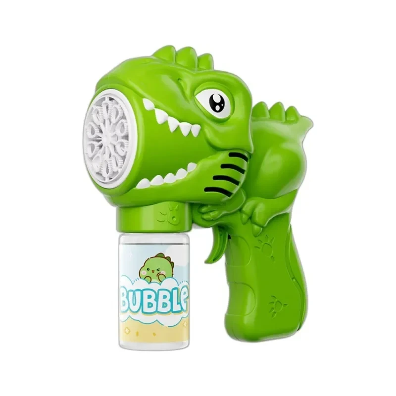 Máquina de bolhas de dinossauro com 6 buracos, totalmente automática, pistola de bolhas elétrica com luz, soprador de sabão automático, brinquedo de jogo ao ar livre