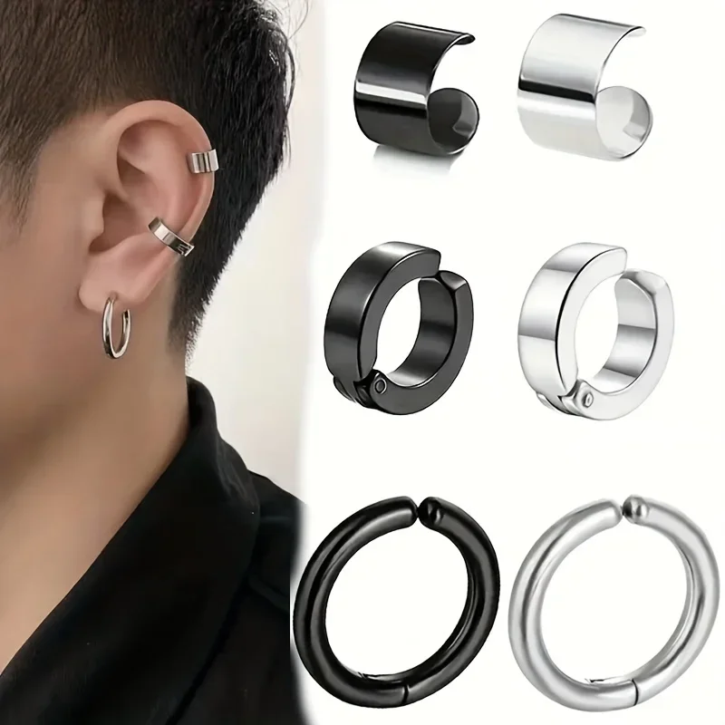 2pc Men\'s Stainless Steel Ear Bone Clip Earrings - Fashionable and Durable Ear Clips for Men Non-Piercing Fake Earring Jewelry