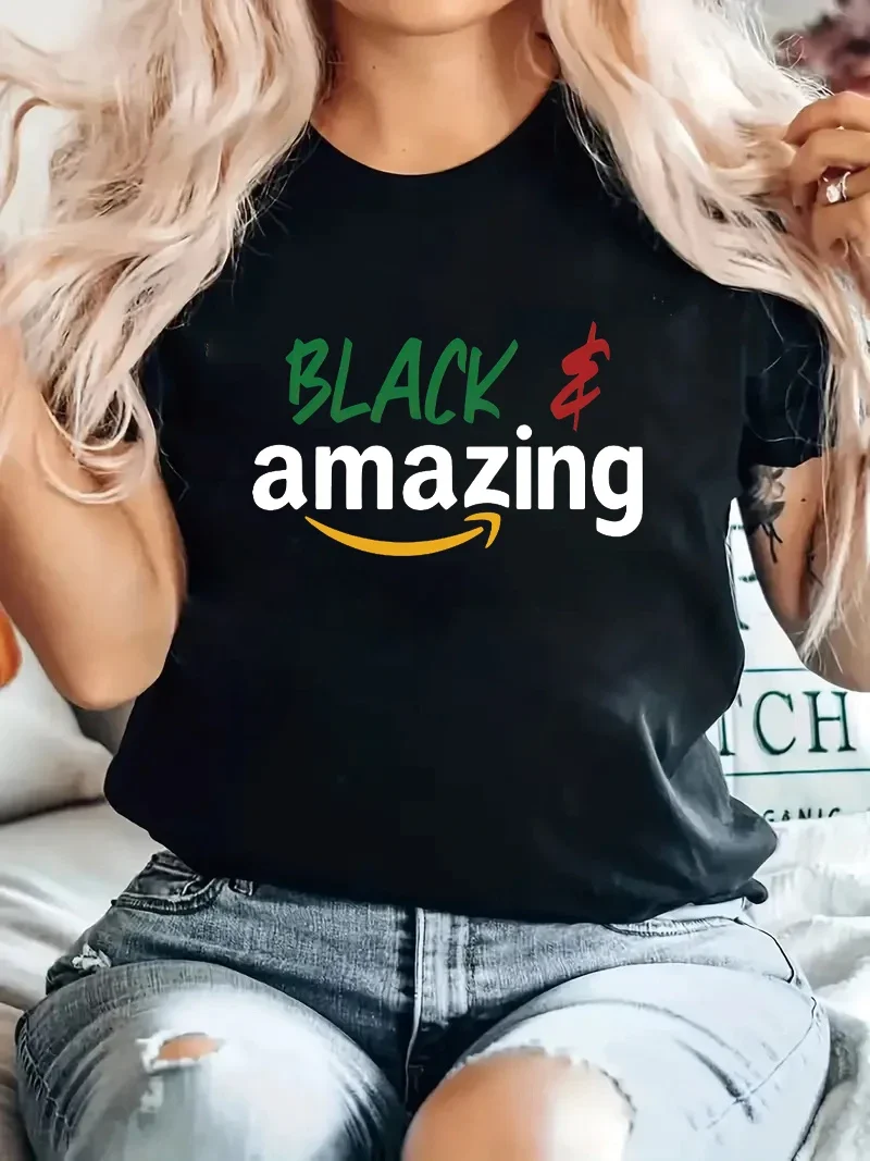 Africa Map Black is Beautiful Personalized letter women's top round neck T-shirt fashionable short sleeved trendy creativity