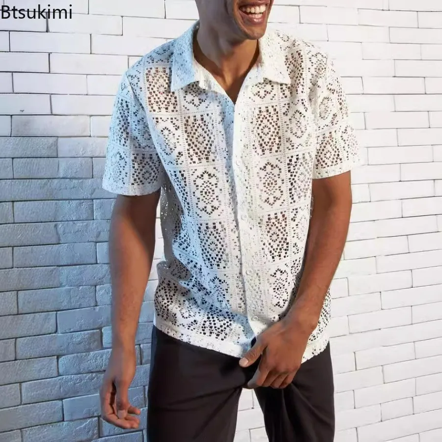 

Summer Fashion Men's Lace Hollow Out Shirts Solid Breathable Casual Short-sleeved Cardigan Sexy See Through Mesh Blouse for Male