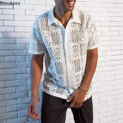 Summer Fashion Men's Lace Hollow Out Shirts Solid Breathable Casual Short-sleeved Cardigan Sexy See Through Mesh Blouse for Male