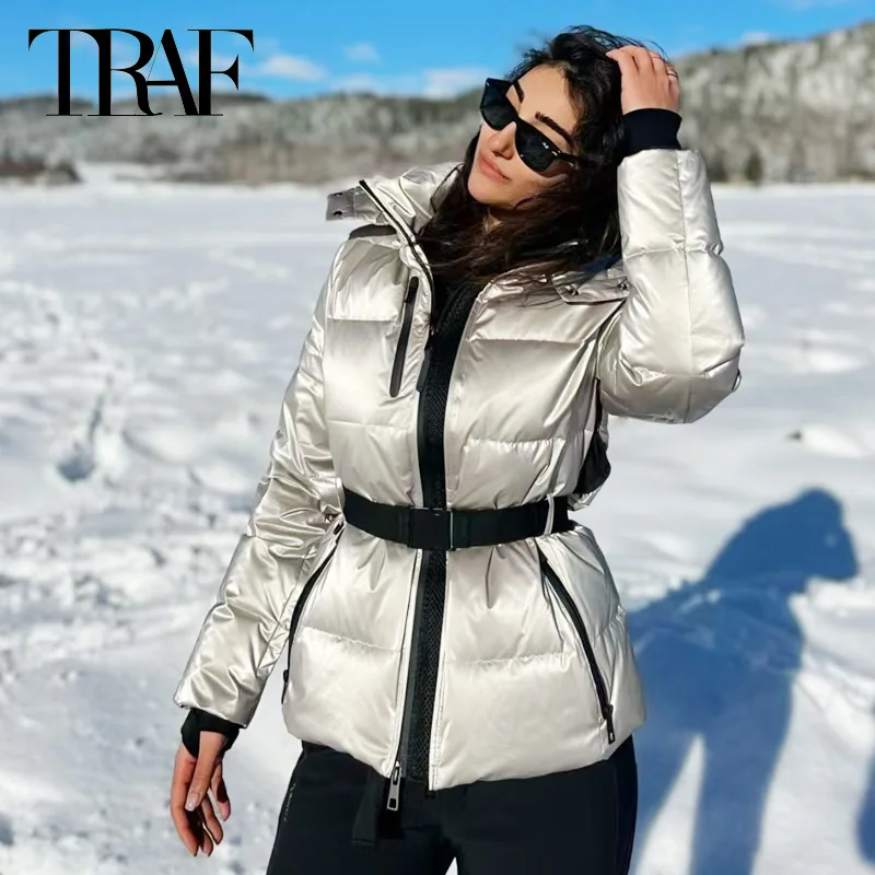 TRAF Women's Winter Jacket Crop Ski Wear Long Sleeve Coats Black Slivery Plaid Hoodies Down Jacket Short Padded Jacket Outerwear