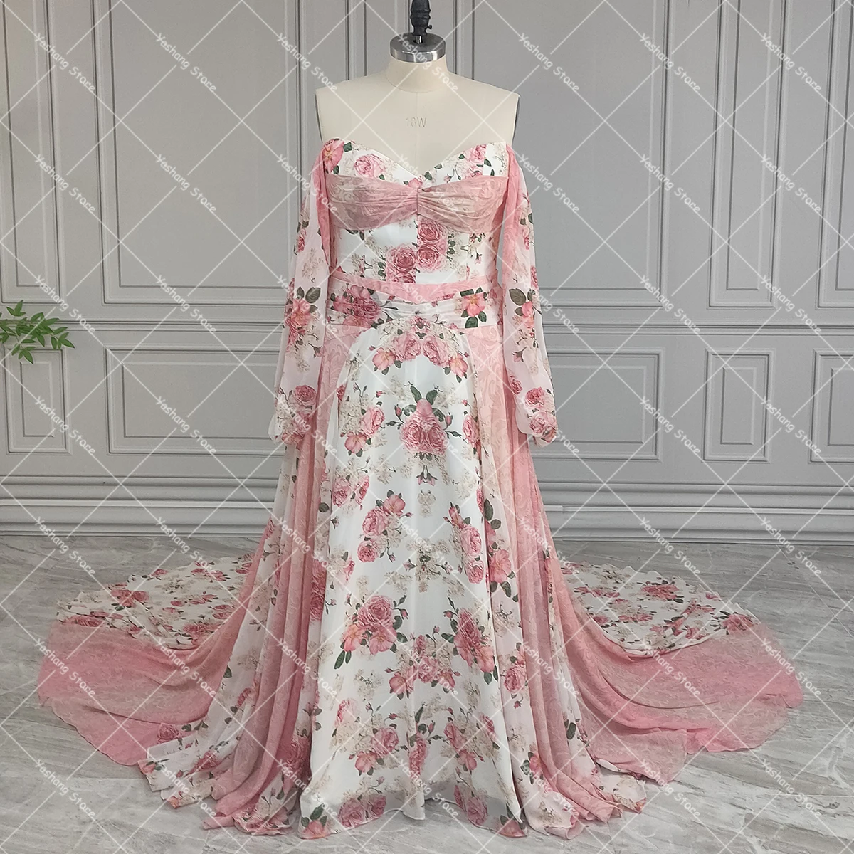 Customized Real Picture Floral Pattern Patchwork Plus Size Wedding Dress Sweetheart Long Puffy Sleeves Bridal Photoshoot Gown