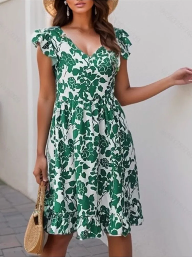 Abito estivo casual con stampa floreale Boho senza maniche con scollo a V Abito da donna con volant allentato femminile Mini abiti da donna Robe Femme