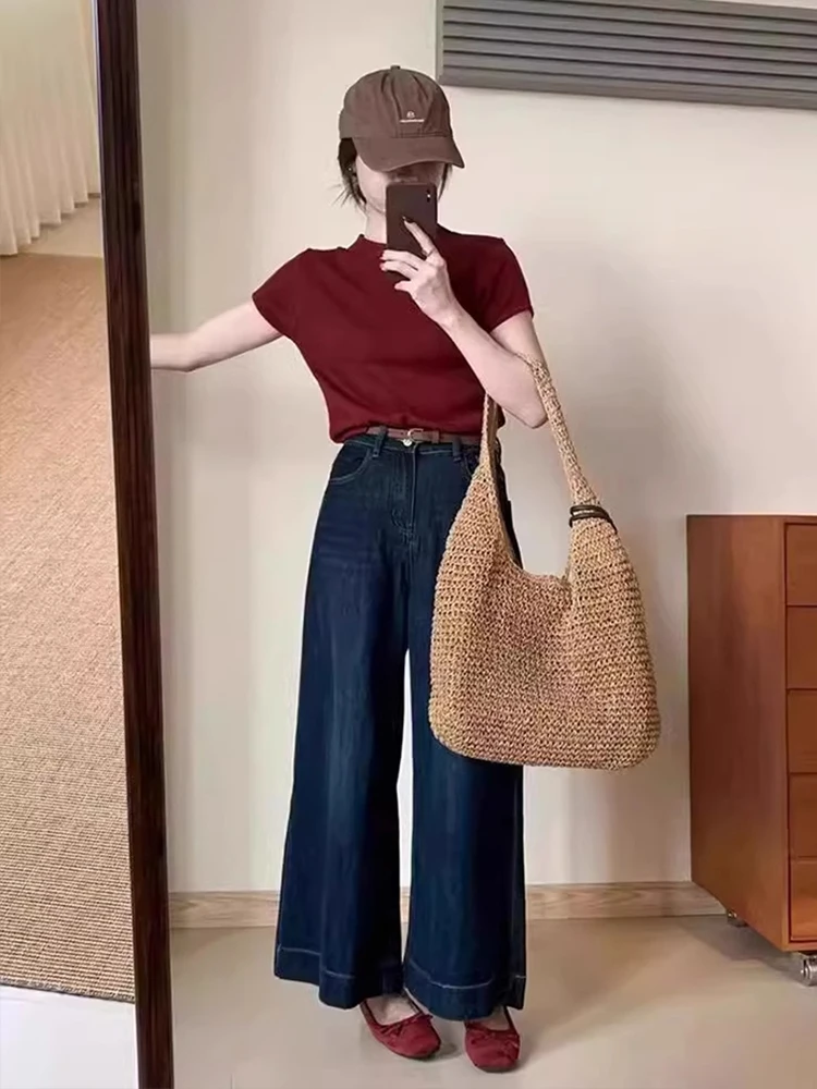 Deep Blue Slim Wide Leg Jeans Women's High Waist Straight Cut Denim Pants Tummy Control Flattering for Pear aped plus Size