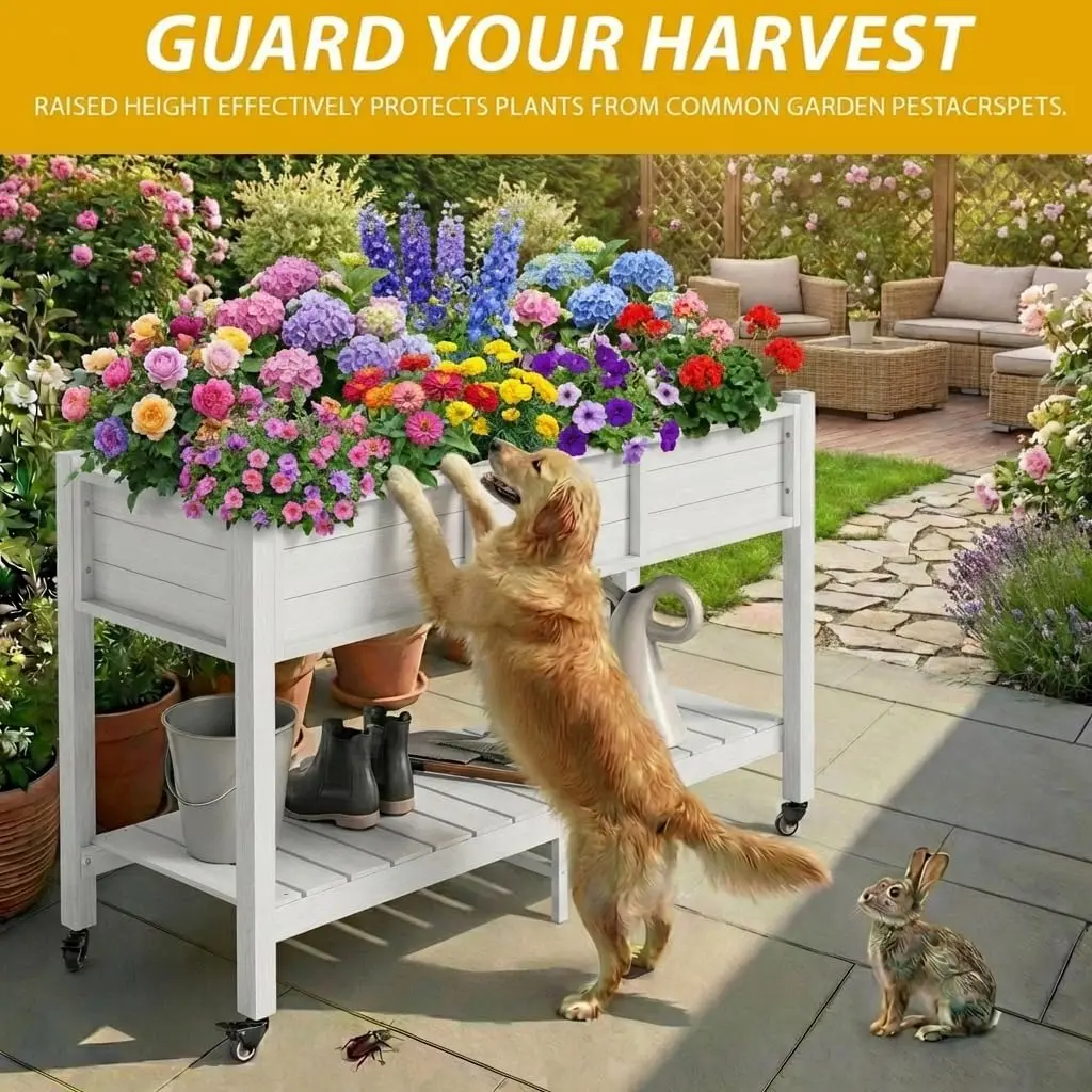 47x18x3in Raised Garden Bed HDPE Outdoor with Legs and Lockable Wheels, Weather-Resistant Poly-Wood Elevated Planter Box, Double Tier Planters for Backyard Patio Balcony, White