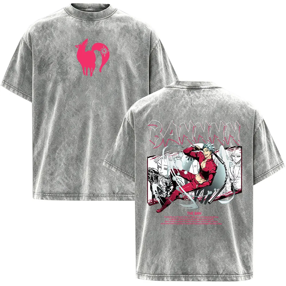 Anime The Seven Deadly Sins Ban Vintage Washed T Shirts Men Women Fashion Casual Short Sleeve Oversized T-shirts Tops Streetwear