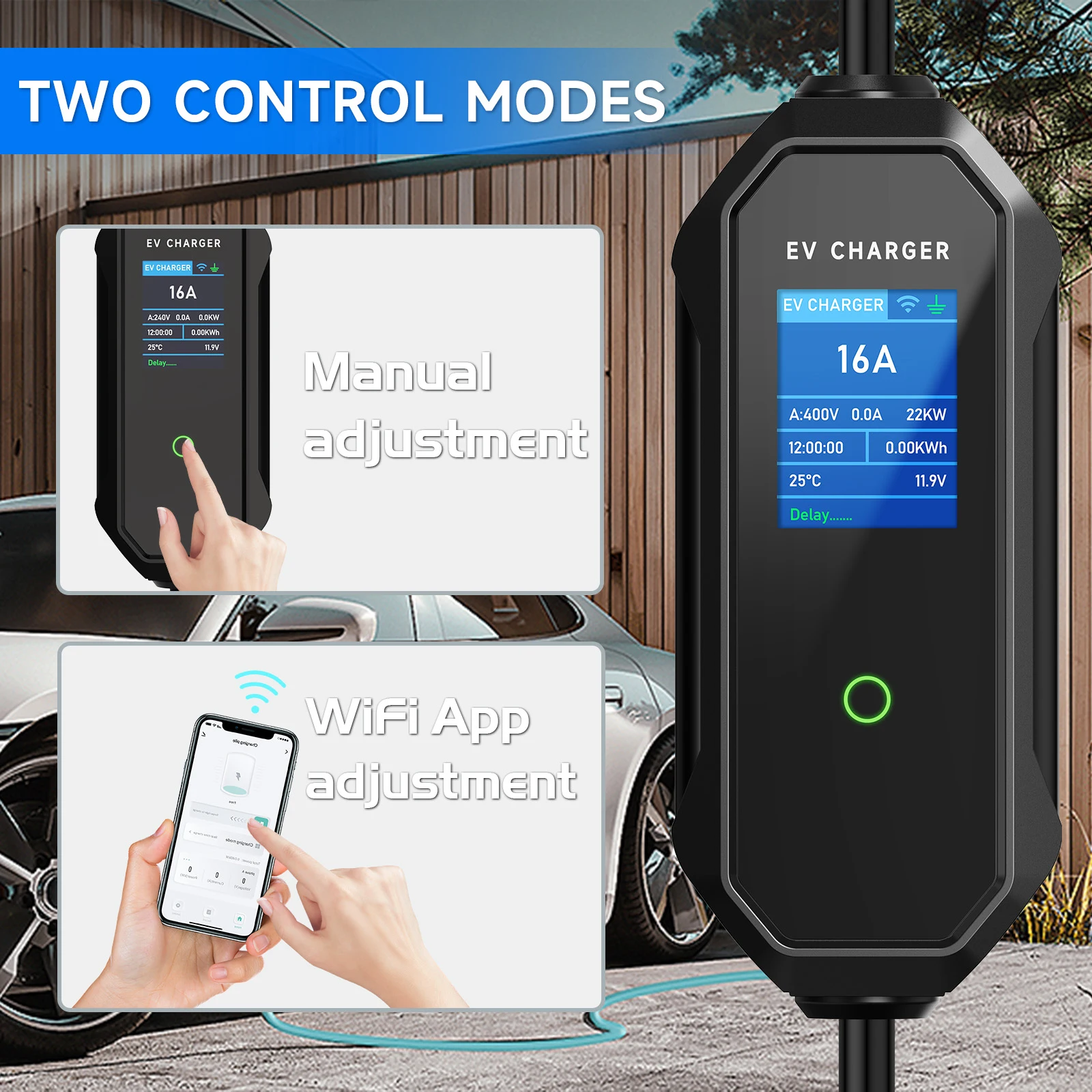 AFEEV نوع 2 شاحن سيارات كهربائية محمول 11KW 16A 3Phase Wallbox IEC62196-2 EVSE كابل شحن سريع CEE التوصيل WIFI APP التحكم بلوتوث