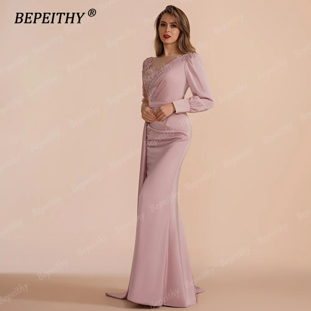 BEPEITHY Customized Muslim O Neck Mermaid Evening Formal Occasion Dresses 2023 For Women Full Sleeves Pleats Prom Party Gown New