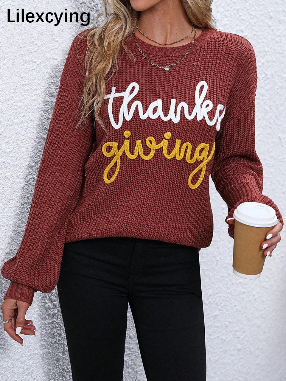 Lilexcying Women's Casual Long Sleeve Crew Neck Knit Sweater Thanksgiving Letter Embroidery Pullover in Burgundy Red Black Grey