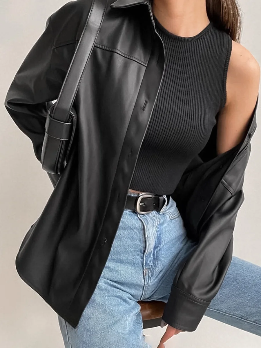 Casual simple black leather shirt women's 2024 fall fashion all-match lapel shirt sleeve leather jacket